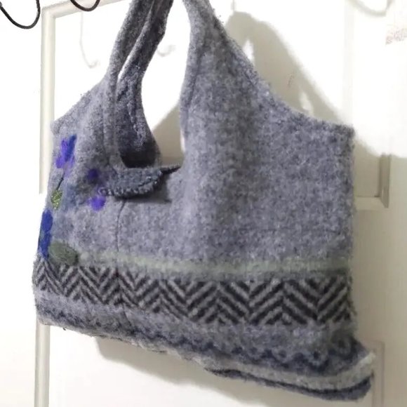 Handmade Gray Purple Felted WOOL Beaded Embroidered Small Hand Bag Tote Purse - Picture 5 of 12